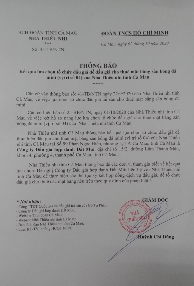 Thông báo: Kết quả lựa chọn tổ chức đấu giá cho thuê mặt bằng sân Bóng đá mini (vị trí số 4) của Nhà Thiếu nhi tỉnh Cà Mau